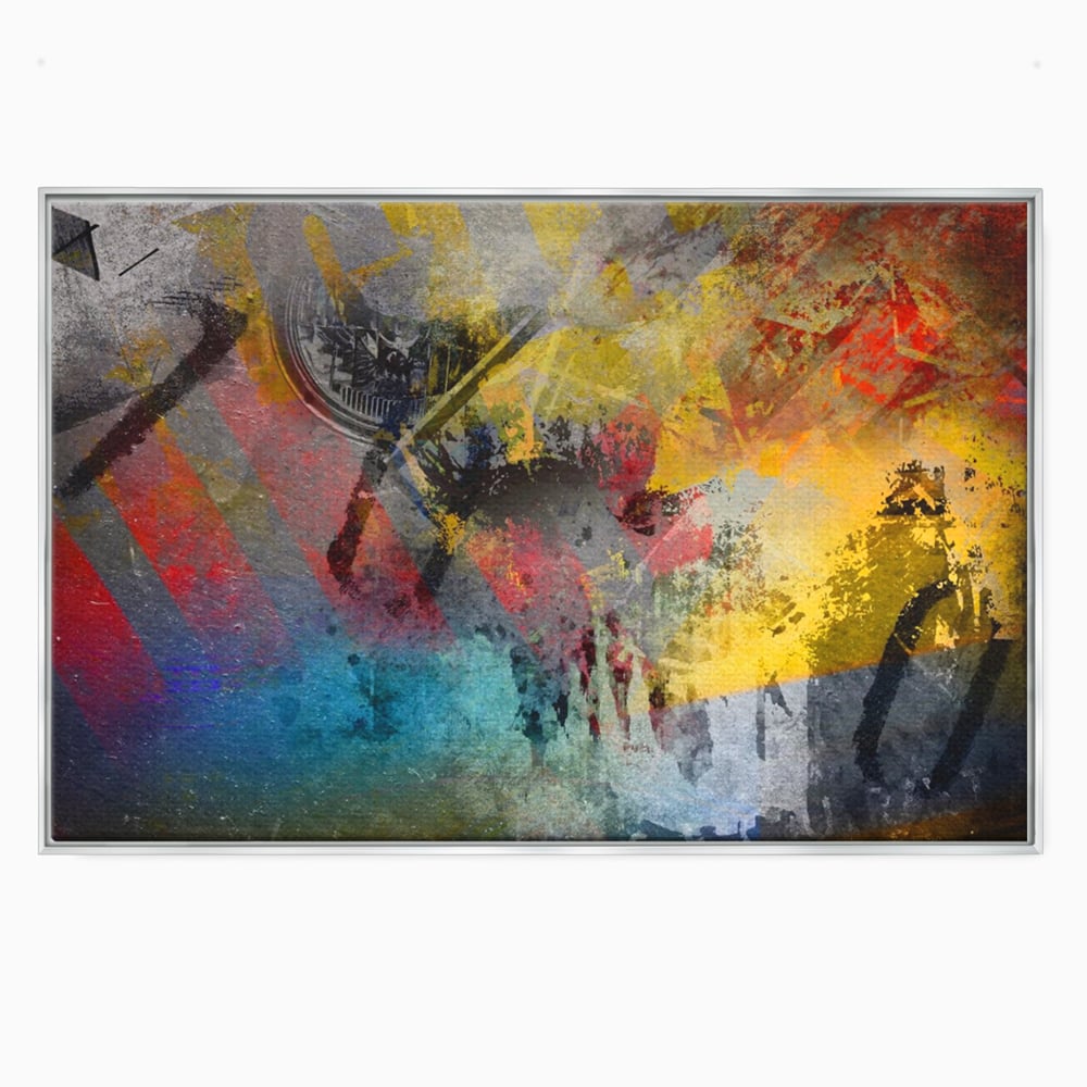 Tablou canvas cu pictura abstracta cu pete vibrante, in rama de aluminiu argintiu
